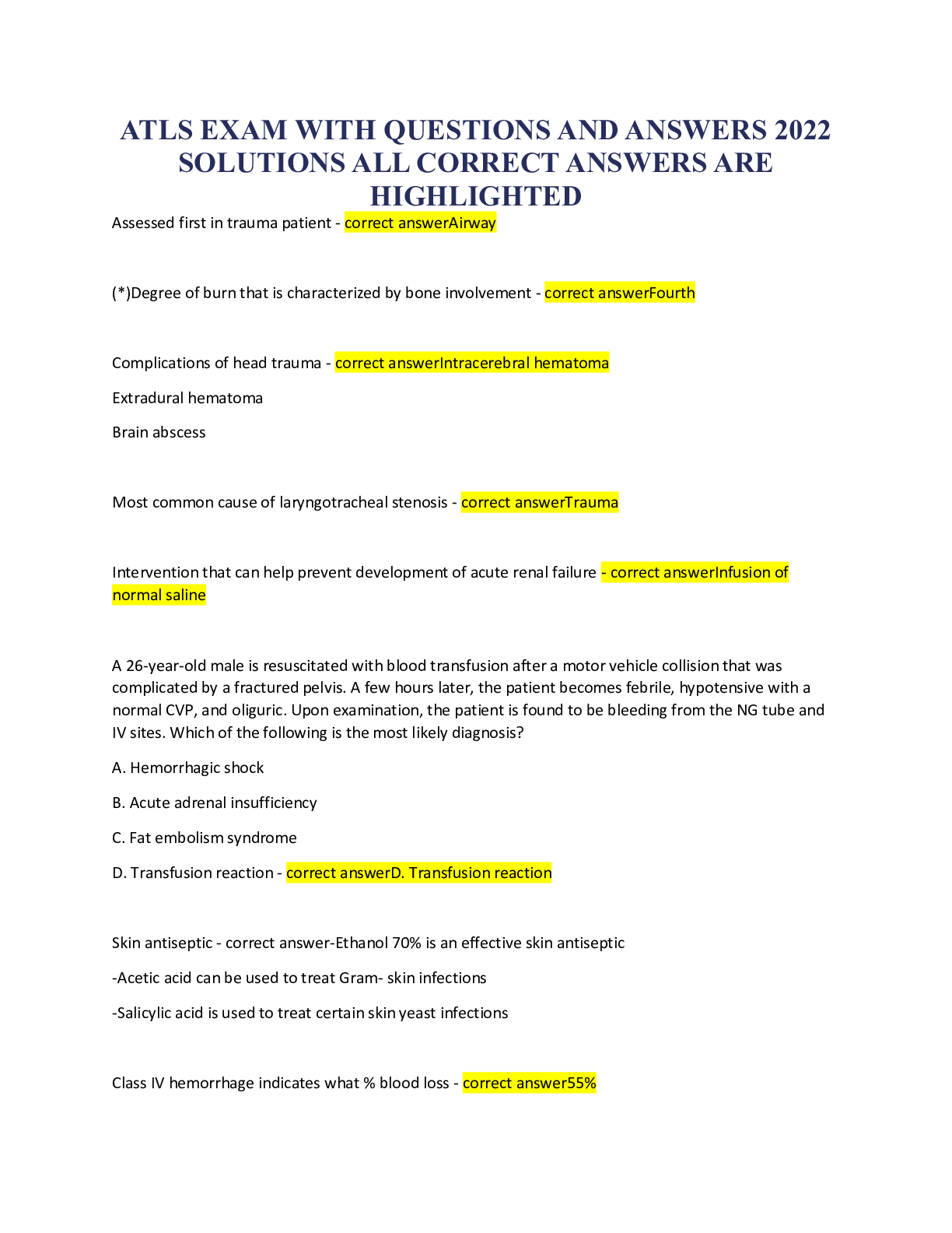 Preview image for ATLS EXAM WITH QUESTIONS AND ANSWERS  2022 SOLUTIONS ALL CORRECT ANSWERS  ARE HIGHLIGHTED